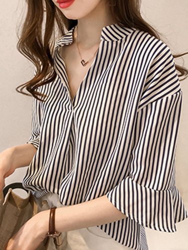 Spring Summer  Cotton  Women  V-Neck  Striped  Bell Sleeve  Half Sleeve Blouses