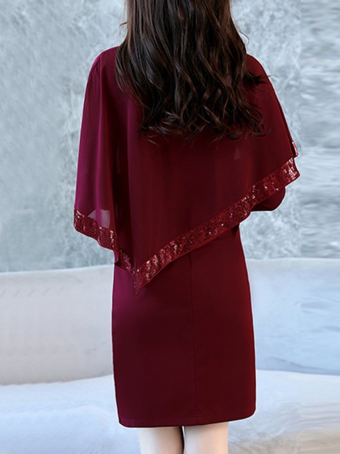 Cape Sleeve Sequin Plain Bodycon Dress