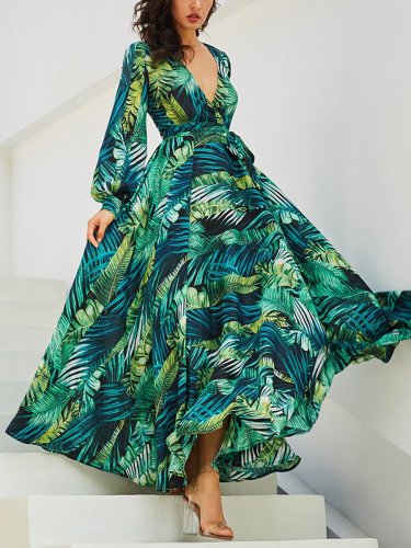 Summer V Neck Long Sleeve Chiffon Printed Leaf Maxi Vacation Dress