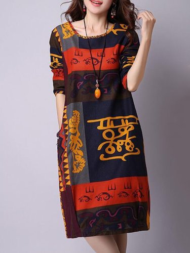 Casual Tribal Printed Round Neck Shift Dress