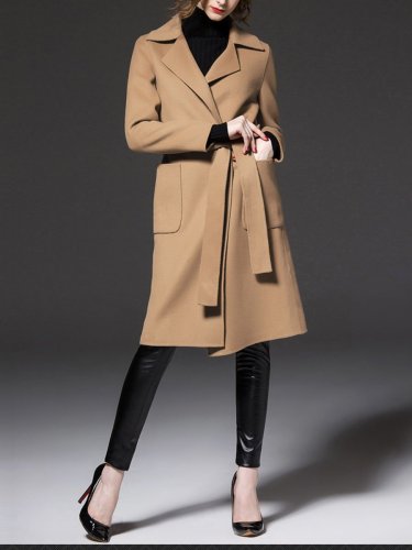 Good Quality Two Colors Large Lapel With Tie Woman Long 30 Wool Coats