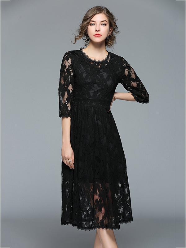 3/4 Sleeves Lace Hollow Midi Dress