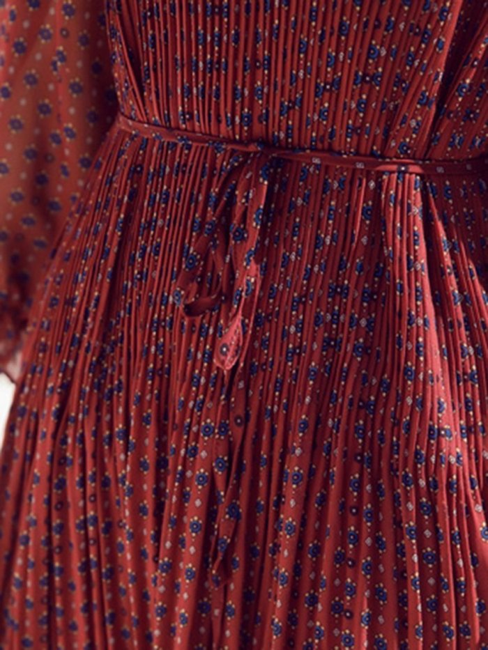 Band Collar Belt Printed Pleated Chiffon Maxi Dress