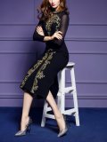 Embroidered Mesh Long-Sleeved Evening Dress