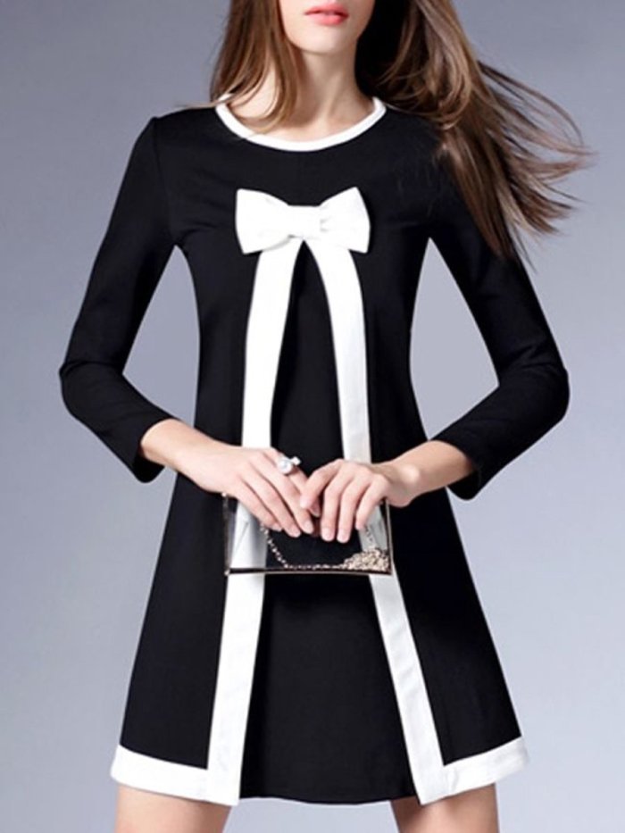 Cute Color Block Bowknot Mini Shift Dress