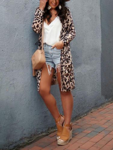 Sexy leopard printed pocket long sleeve coat cardigans for women