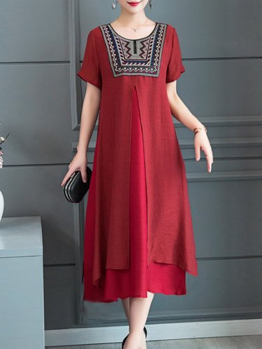 Round Neck  Asymmetric Hem  Embroidery Maxi Dress