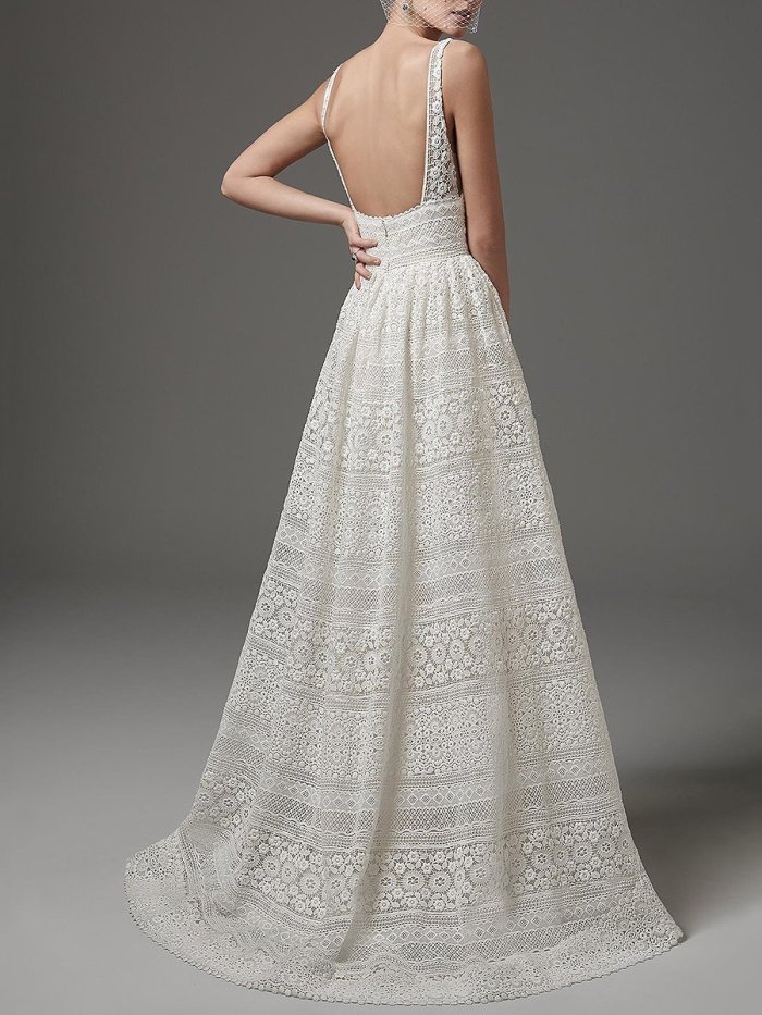 Deep V-Neck Hollow Out Plain Lace Wedding Evening Dress