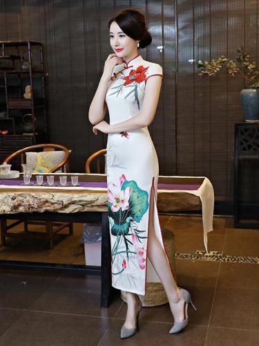 Vintage Floral-printed Long Cheongsams Dress