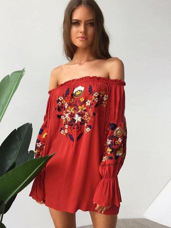 Bohemia Floral-Printed Off-The-Shoulder Puff-Sleeves Mini Dress