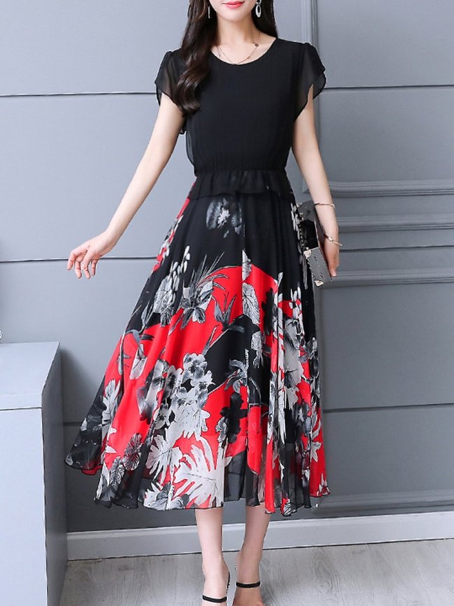 Round Neck  Flounce  Floral Printed Maxi Dress