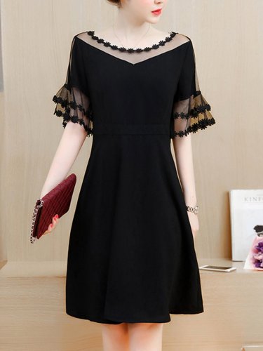 See-Through Solid Bell Sleeve Skater Dress In Black