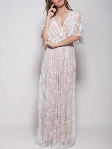 White Lace Hollow V-back Evening Dress