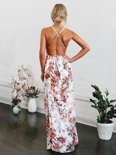 Floral V-Neck Split-front Backless Maxi Dresses