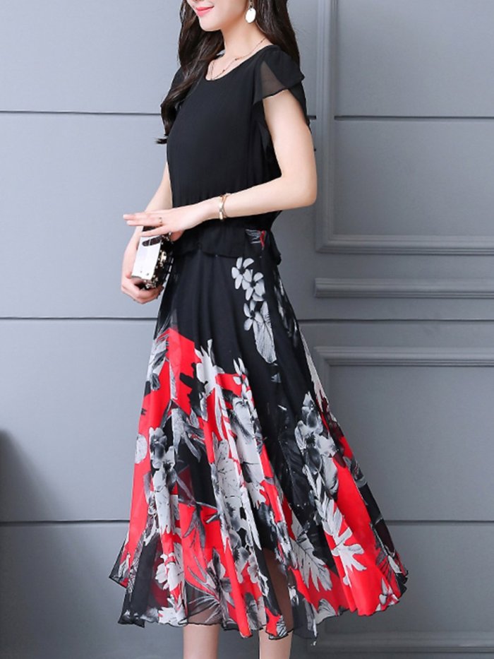 Round Neck  Flounce  Floral Printed Maxi Dress