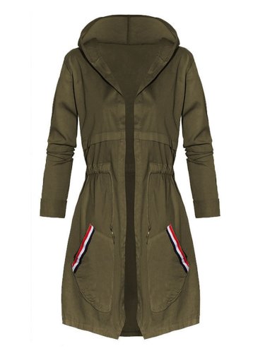 Hooded Striped Patch Pocket Drawstring Trench Coat