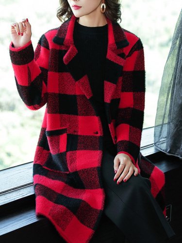 Red Grid Woman Elegant Lapel Coats