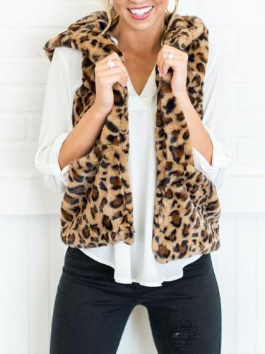 Hooded Daily Woman Leopard Print Vests