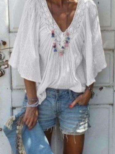 Casual Loose V neck Hollow out Pure Half sleeve Blouses
