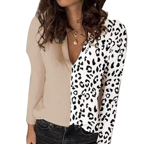 Fashion Leopard print Gored V neck Long sleeve T-Shirts