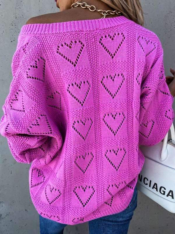 Plain vneck hollow out heart shaped loose knit sweaters