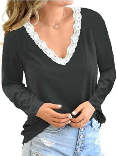 Fashion Casual Lace Gored V neck Long sleeve T-Shirts