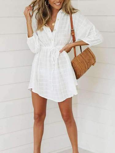 Fashion white turn down neck tie waist Loose shirt vacation dresses