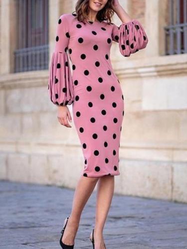 Fashion Polka dot  lantern sleeve Women Bodycon Dresses