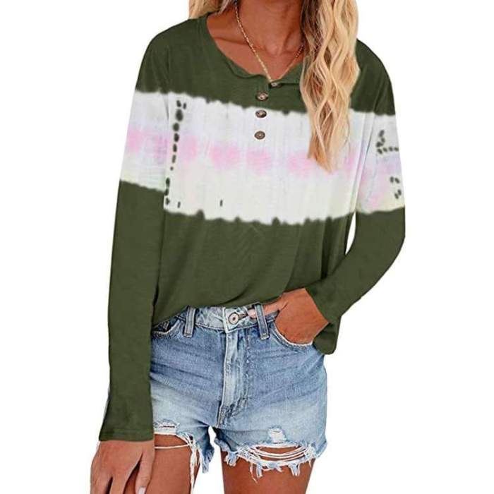 Fashion Casual Tie-dyed Round neck Fastener Long sleeve T-Shirts