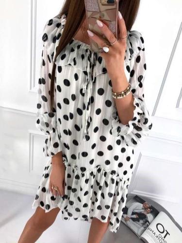 Fashion Casual Point print Round neck Long sleeve Shift Dresses