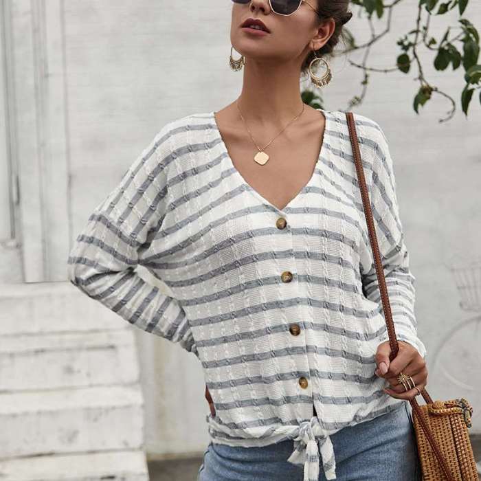 Fashion V neck Stripe Long sleeve Sweaters
