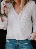 Fashion Pure Lace Hollow out V neck Long sleeve Blouses