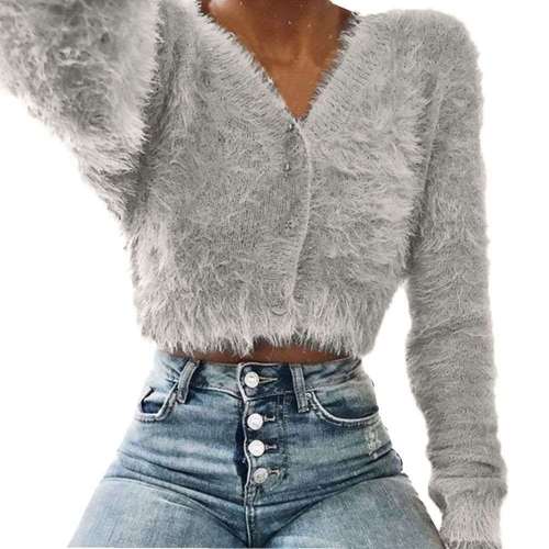 Fashion Pure V neck Long sleeve Plush Cardigan Sweaters