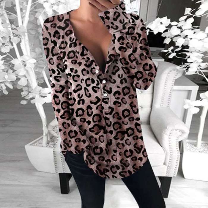 Fashion V neck Leopard print Long Blouses
