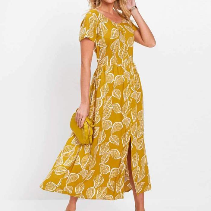Casual Loose Print Round neck Short sleeve Vent Maxi Dresses