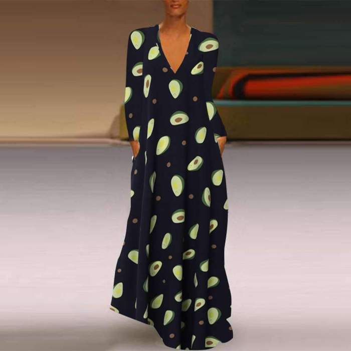 Fashion Print V neck Long sleeve Maxi Dresses