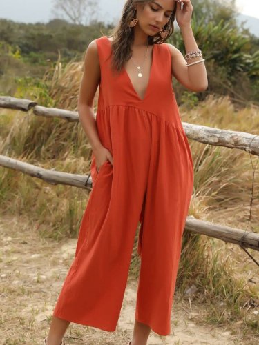 Casual Loose Pure V neck Sleeveless Jumpsuits