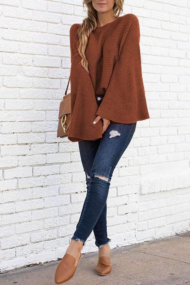 Loose Pure Knit Round neck  Mandarin sleeve Sweaters