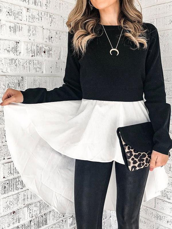 Casual Black And White Coloring Waist Belted T-Shirt