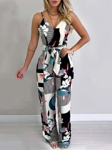 Sexy Backless Print V neck Jumpsuits