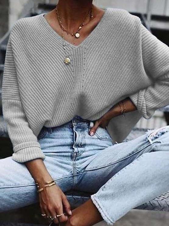 Fashion Casual Pure V neck Long sleeve Knit Sweaters