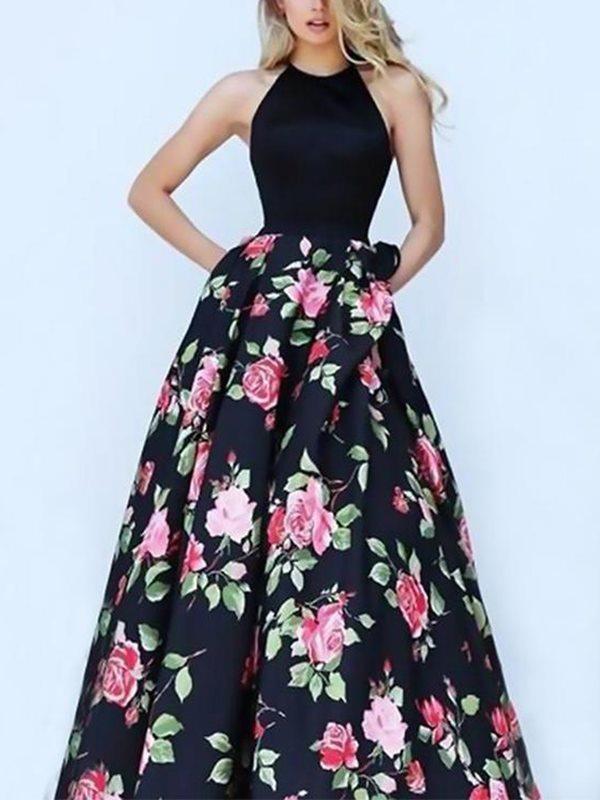 Floral Split-joint Backless Printing Maxi Dresses