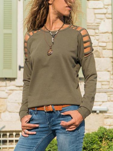 Long sleeve hollowed-out round neck T-shirts