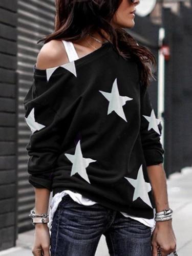 New five-pointed star Printed round collar long sleeve T-shirts