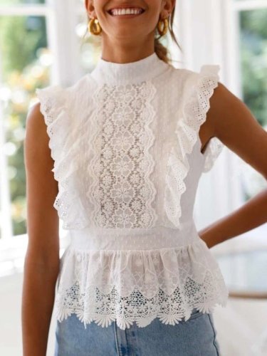Sexy Stand collar Lace Hollow out Backless Sleeveless Falbala Blouses