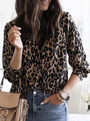 Casual button leopard print top long sleeve Blouses
