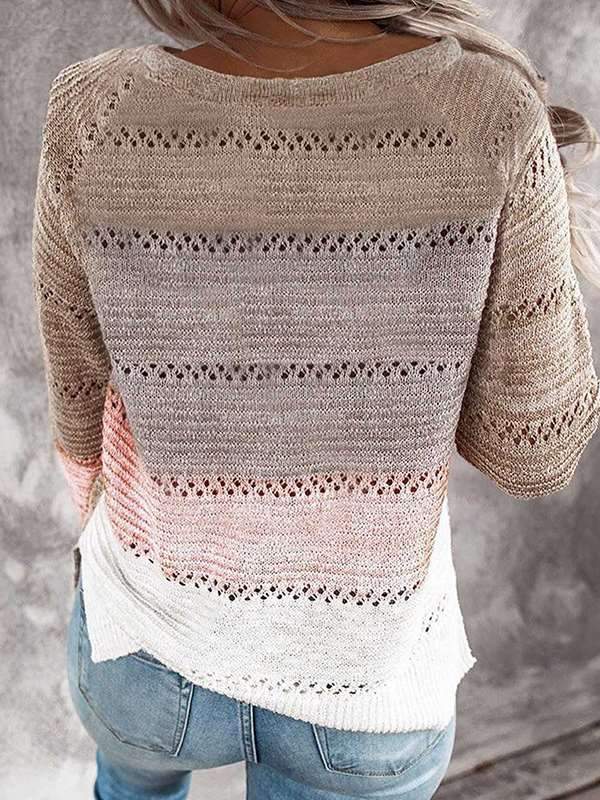 Women round neck color matching long sleeve casual sweaters