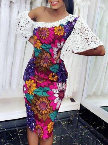 Fashion Lace Gored Print Single-shoulder Bodycon Dresses