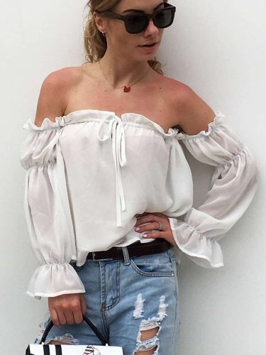 Off shoulder Lacing Puff sleeve T-Shirts