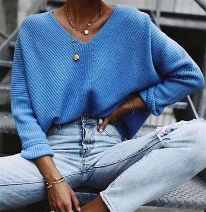 Fashion Casual Pure V neck Long sleeve Knit Sweaters